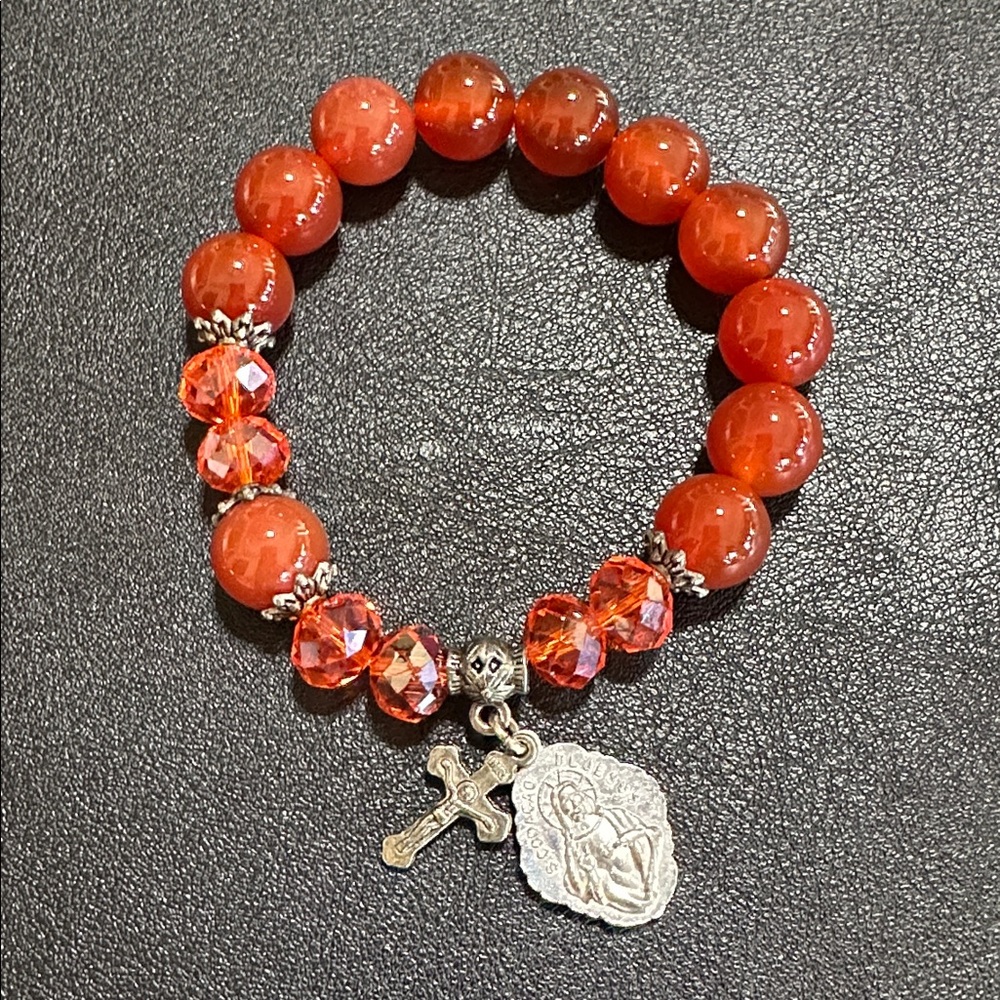 Cornelian & Orange Faceted Crystal Miraculous Charm & Cross Stretch Bracelet